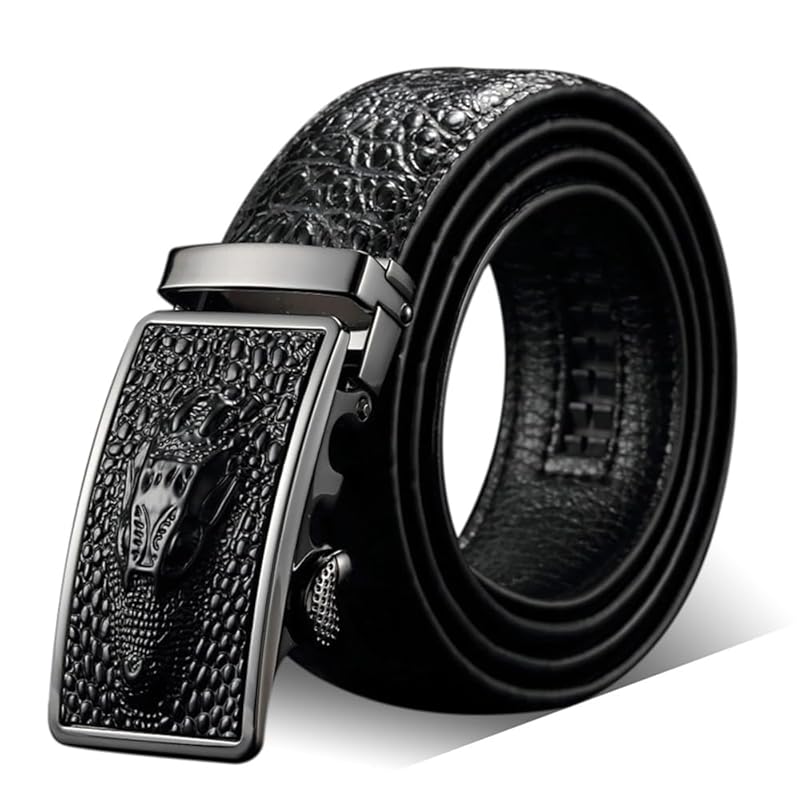

[Pablito] Fashionable belt men s No hole Croco Embossed cowhide auto lock sliding type buckle fine leather size adjustable Cut free type Stepless