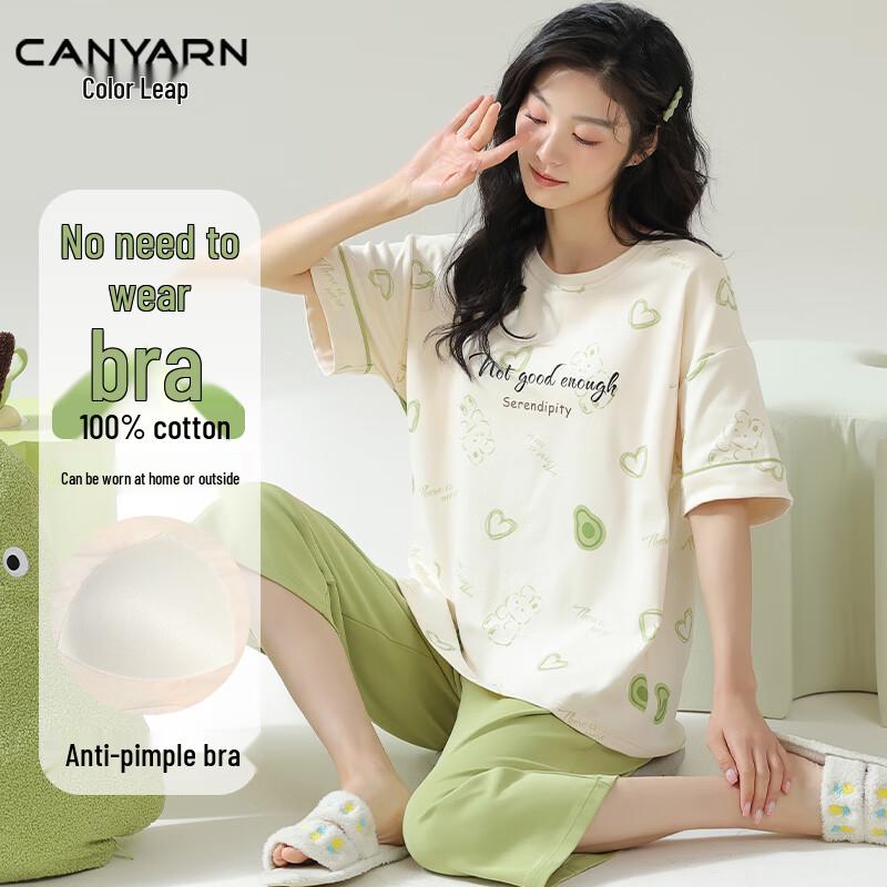 Caiyue Women s Cotton Short Sleeve Capri Pajama Set L