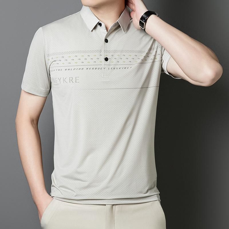 Men'S Ice Silk Short-Sleeved Striped Stretch T-Shirt Loose Casual Men'S Polo Shirt