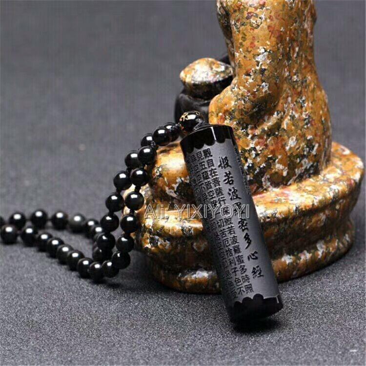 Gyönyörű Természetes Fekete Obszidián Faragott Buddhista Szavak Csík Szív Szútra Szerencse Medál + Fekete Gyöngyök Nyaklánc Divatos Ékszer black