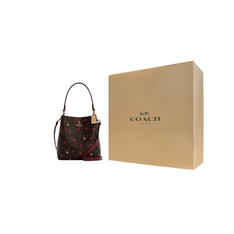 Coach Town 22 Classic Monogram Heart Floral Print Canvas And Leather Bucket Bag Women Handbags Brown Burgundy C7975-IMBMC