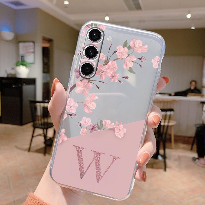 For Samsung Galaxy A25 A14 A24 A34 A54 A15 A56 A06 A17 Phone Case Cover Letter A Z Pink Flowers Clear Soft Back TPU Fundas Shell