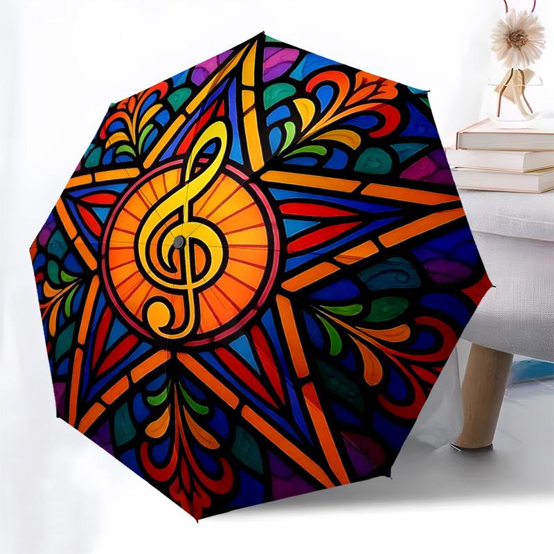 

1pc Colorful Stained Glass Music Note Design Automatic Folding Umbrella - Portable 3-Fold Design with Iron Frame, Perfect for Outdoor Use, Festive Gif