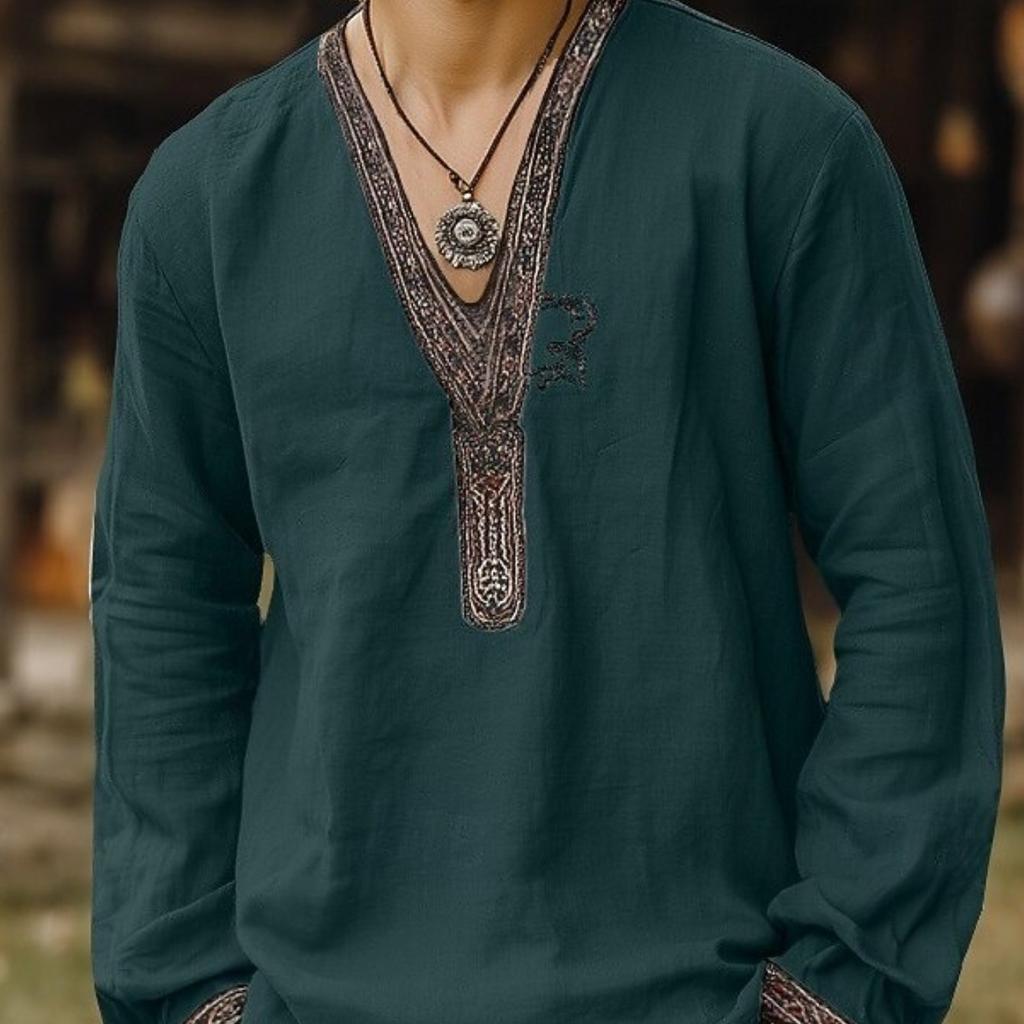 European and American Men's Spring and Autumn Digital Flat-printed V-neck Long-sleeved Shirts, Comfortable and Breathable