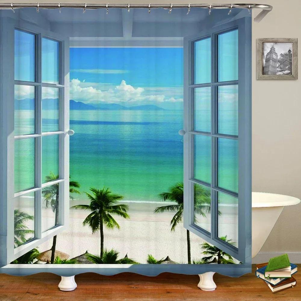 Waterproof Shower Curtain Various Sunshine Beach Scenery Seaside 3D Printing Shower Curtain Polyester Home Decor Curtain