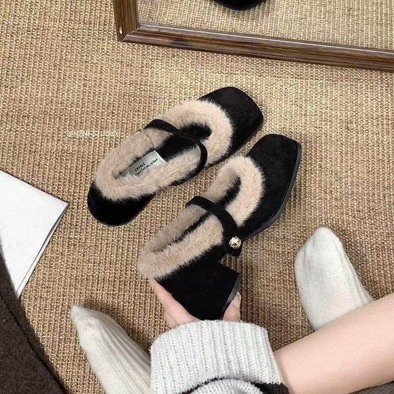Black Thick Heel 2025 New Autumn and Winter Velvet Warm Fluffy Shoes Mary Jane Pedal High Heels Women's Evening Breeze