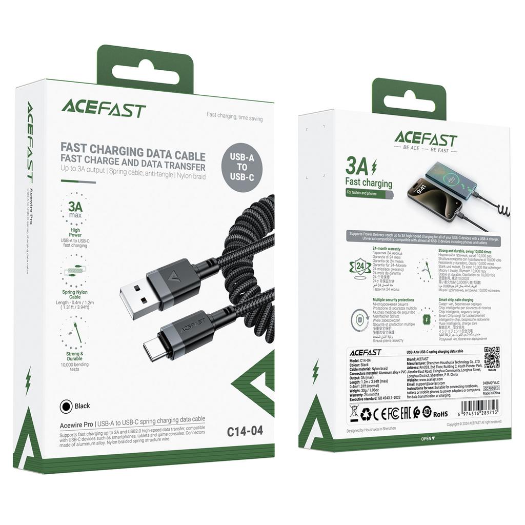 Spiral cable USB-A - USB-C 480Mb/s 3A 1.2m - black