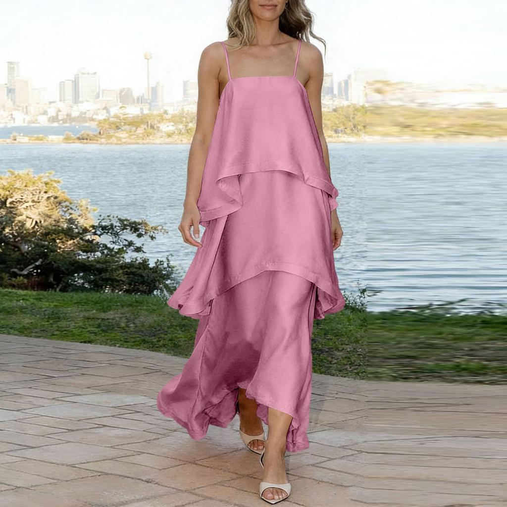 Women's Satin Slip Dress Layered Tiered Ruffle Hem Sleeveless Loose Fit Vacation Midi Dress with Adjustable Straps