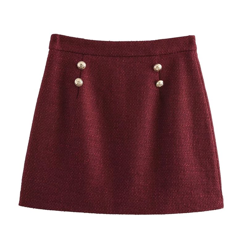 

Осень и Зима Новое поступление Юбка А-силуэта с высокой талией Повседневная Юбка Классического стиля из шерсти с золотой пряжкой Короткая верхняя одежда с подплечниками Red skirt L
