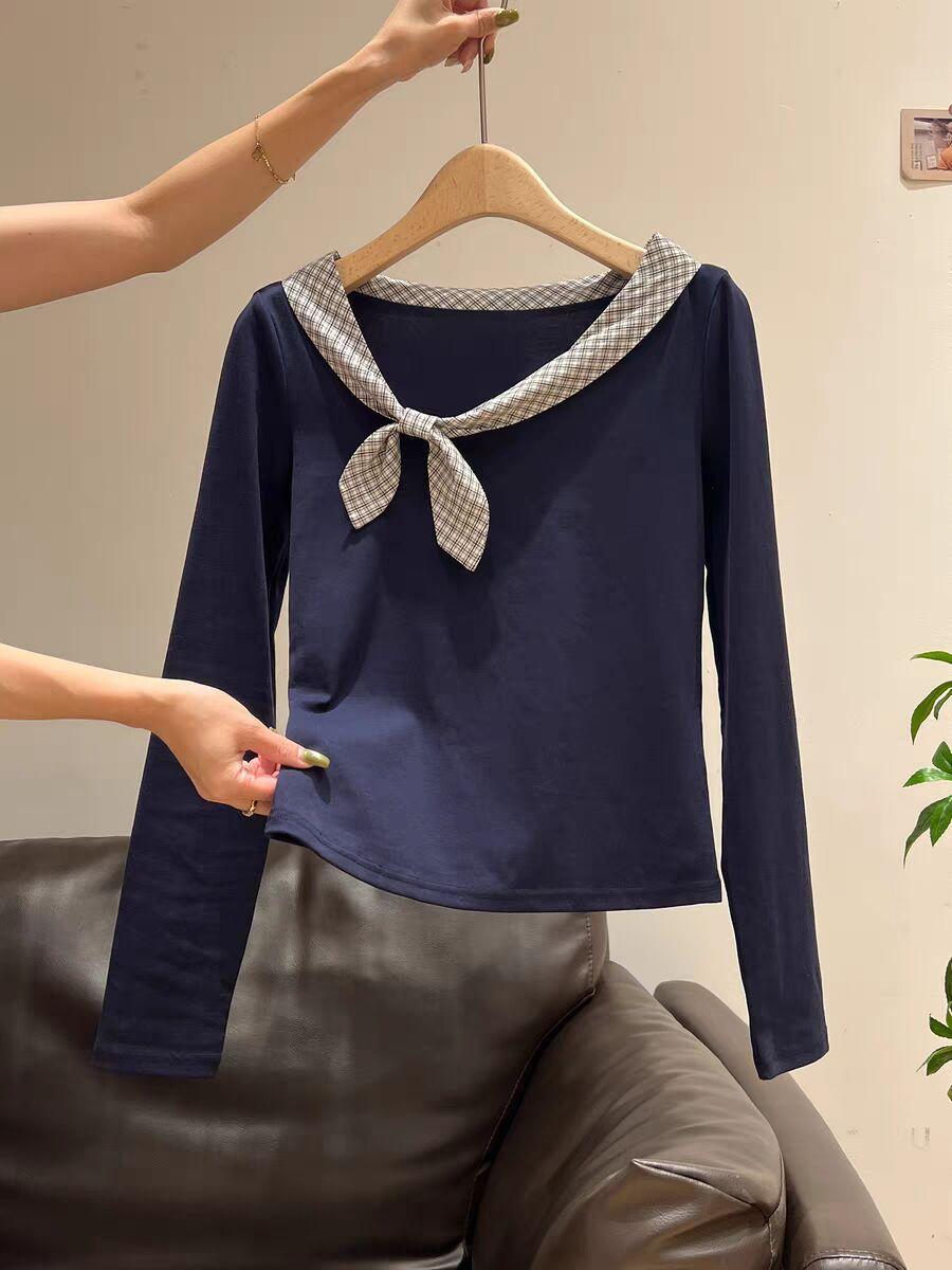 

Korean pure cotton plaid splicing bow long-sleeved T-shirt girls slim-fitting design bottoming top S [recommended within 50kg ] тёмно-синий