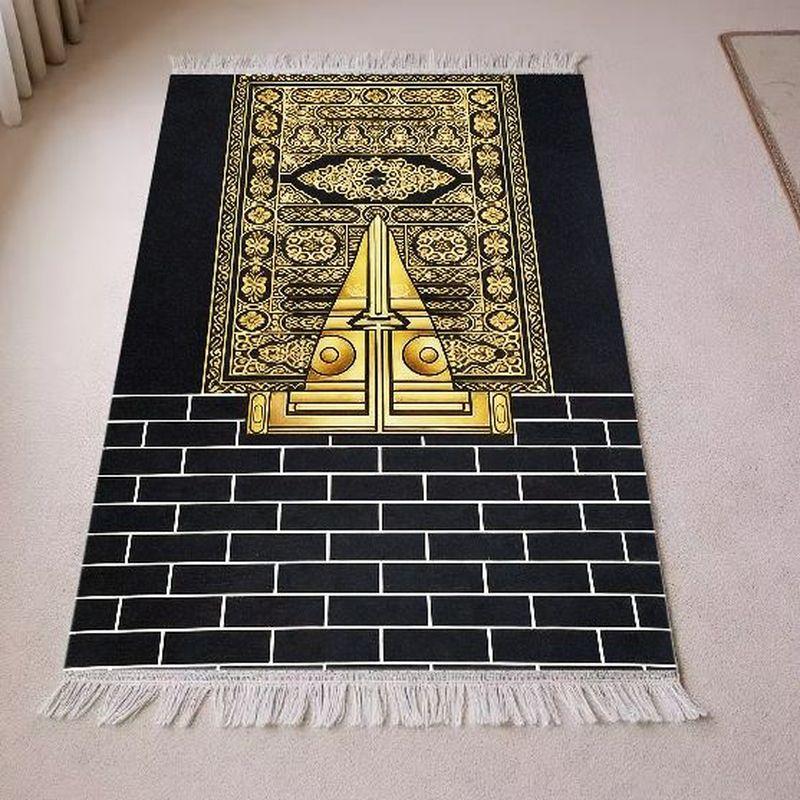 Aksamitna Mata do Modlitwy Muzułmańskiej Luksusowa Złota Bogato Zdobiona Wzór Kaaby Przenośna Antypoślizgowa Dywanik do Modlitwy Eid Mubarak Prezent do Domu