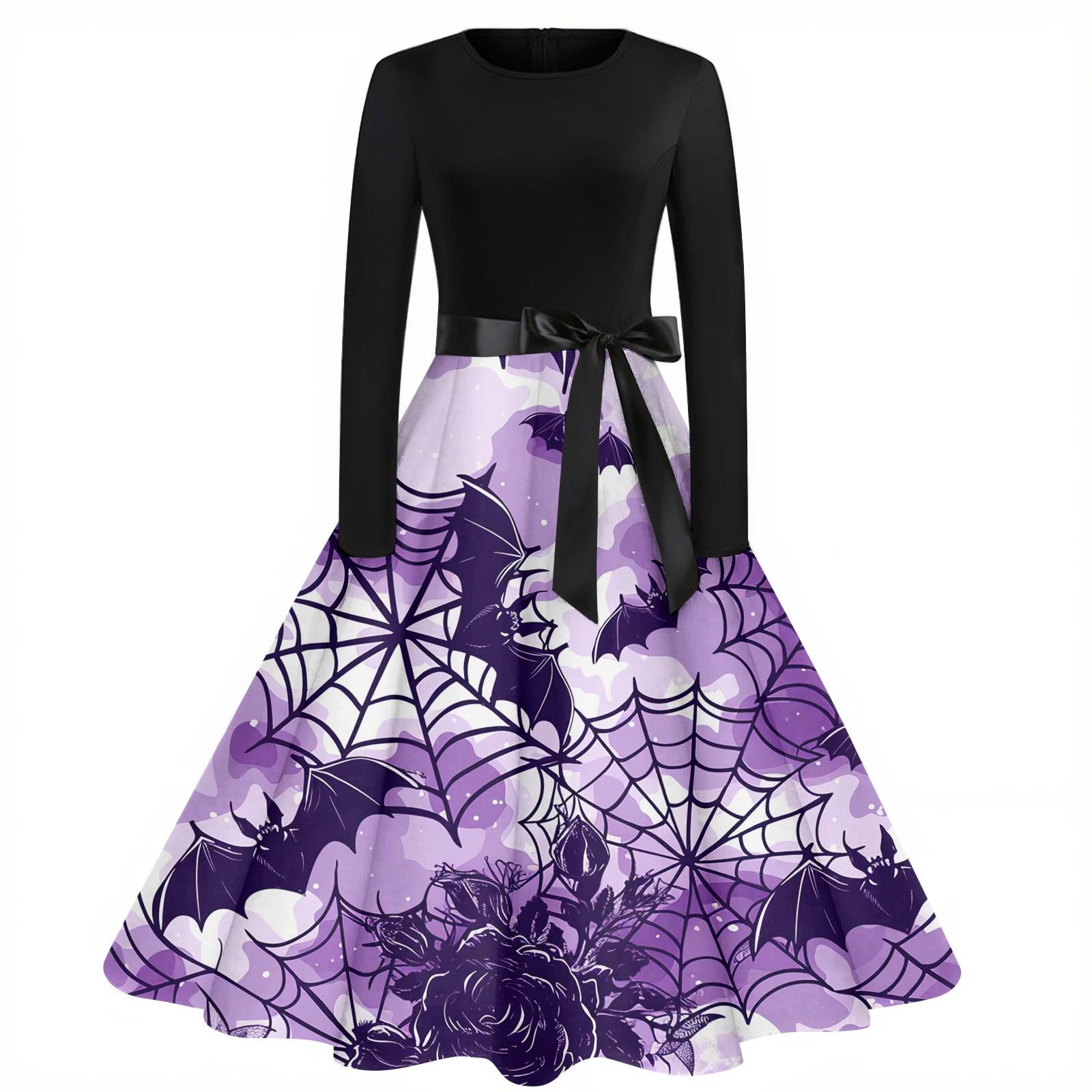 

Women s Fashion Vintage Long Sleeve Round Neck Halloween Printed Party Gown Dress S