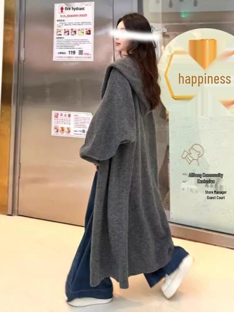 Korean Style Hooded Knit Cardigan: Long, Loose, Slimming Outerwear for Spring/Summer