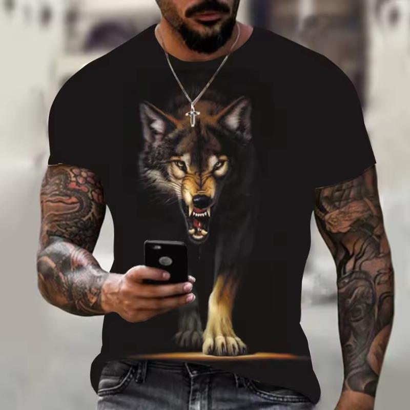 

Animal Wolf Print T Shirt for Men Summer Polyester Round Neck Loose Short Sleeve Streetwear Oversized T-shirts Casual Tops Tees S