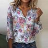 Women's Loose Casual Three-quarter Sleeves V-neck Lace Floral Print T-shirt Top