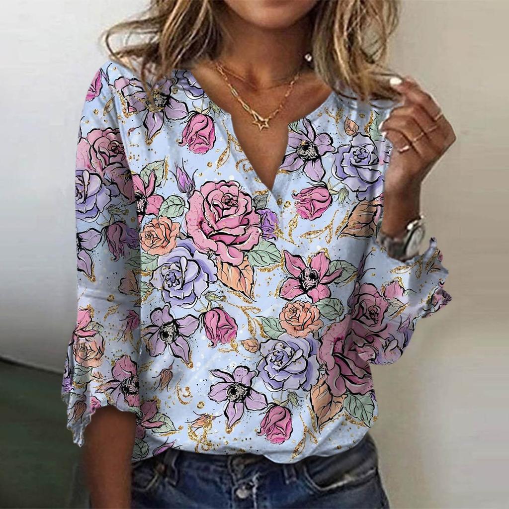Women's Loose Casual Three-quarter Sleeves V-neck Lace Floral Print T-shirt Top
