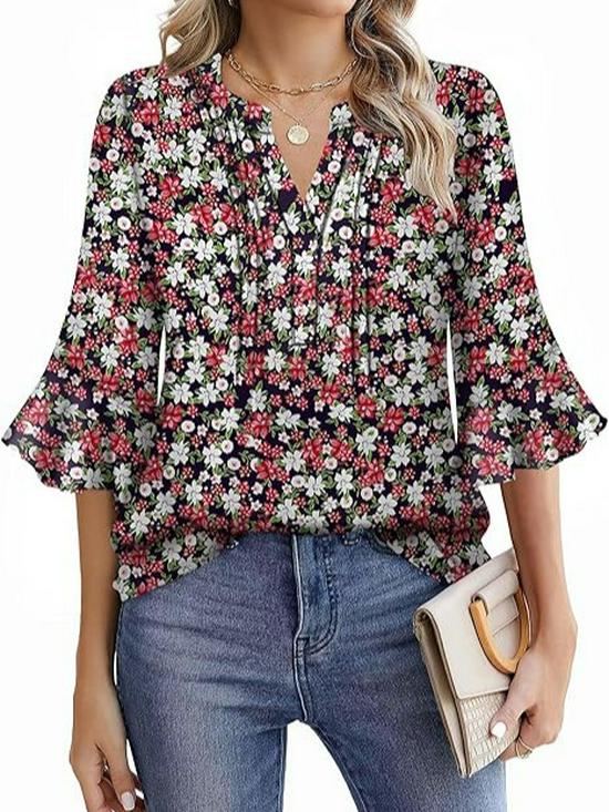 2025 Bluzka Szyfonowa z Dekoltem V w Kształcie Liścia Lotosu - Jednolity Kolor, Rękaw Siedmiopunktowy, Swobodny Luźny Krój