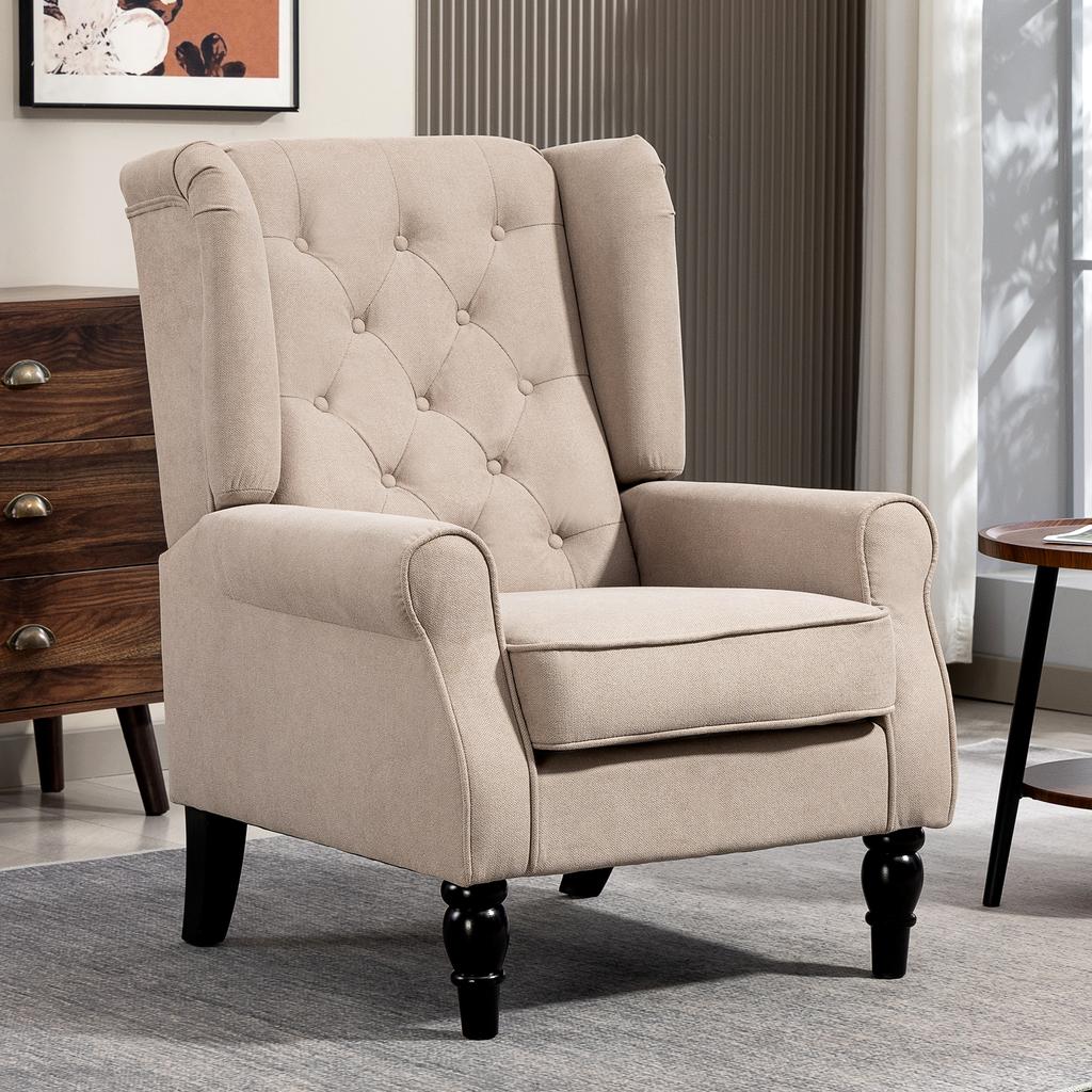 Wingback Accent Chair, Retro Upholstered Button Tufted Occasional Chair for Living Room and Bedroom, Beige