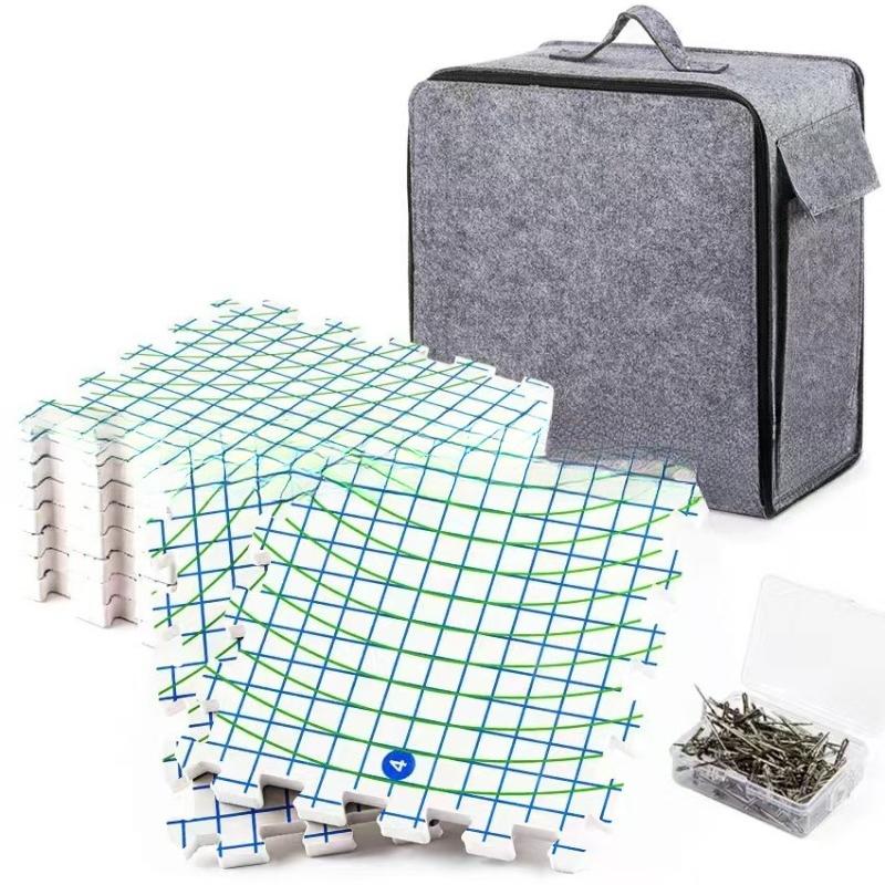 9pcs Knitting Blocking Mat Set with Grid and Round Design Extra Thick Blocking Board Crochet Board 100 T-Needles and Storage Bag