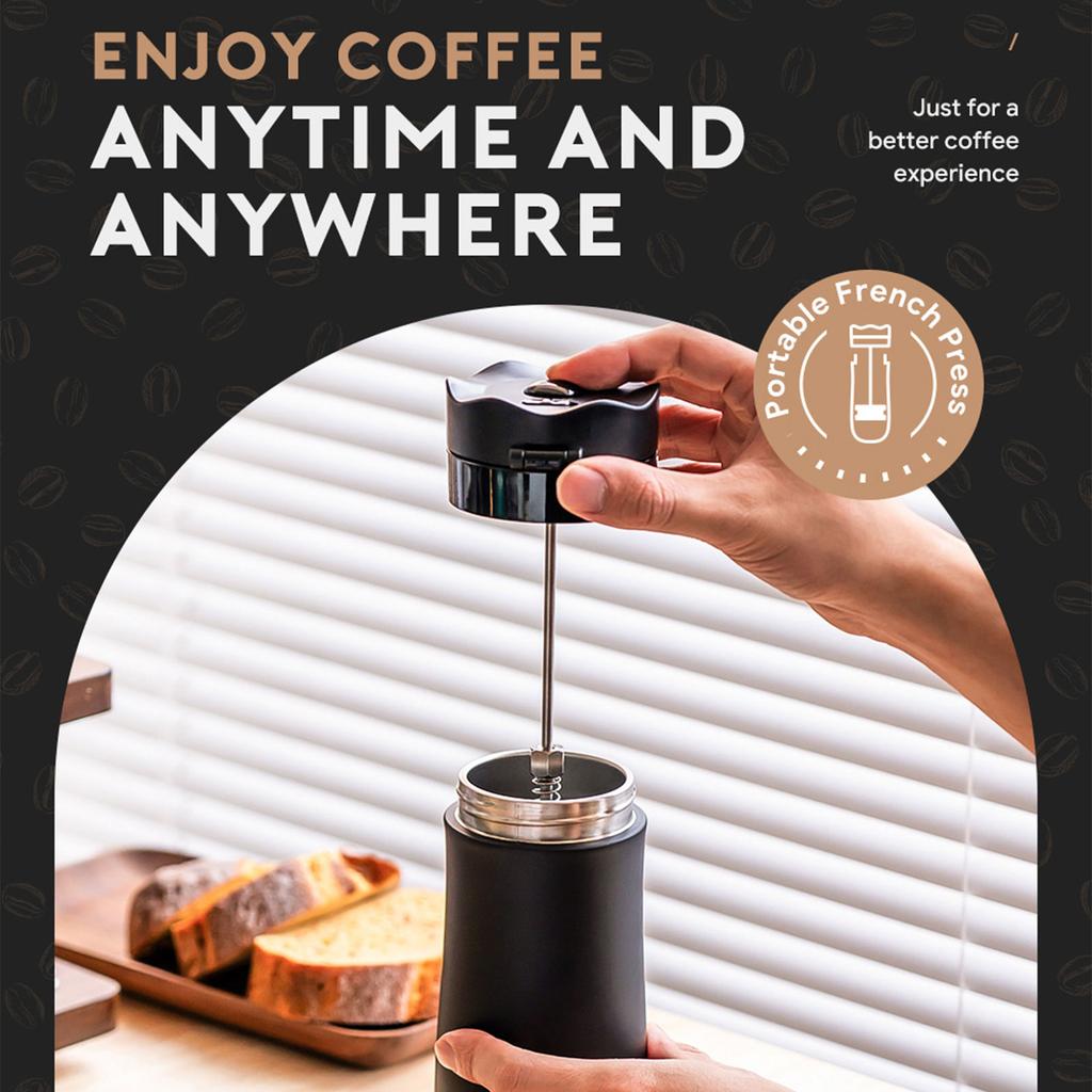 Portable French Press Coffee Maker, 320ml Insulated 304 Stainless Steel Vacuum Cup with Leak Proof Lock Lid, 8 Hours