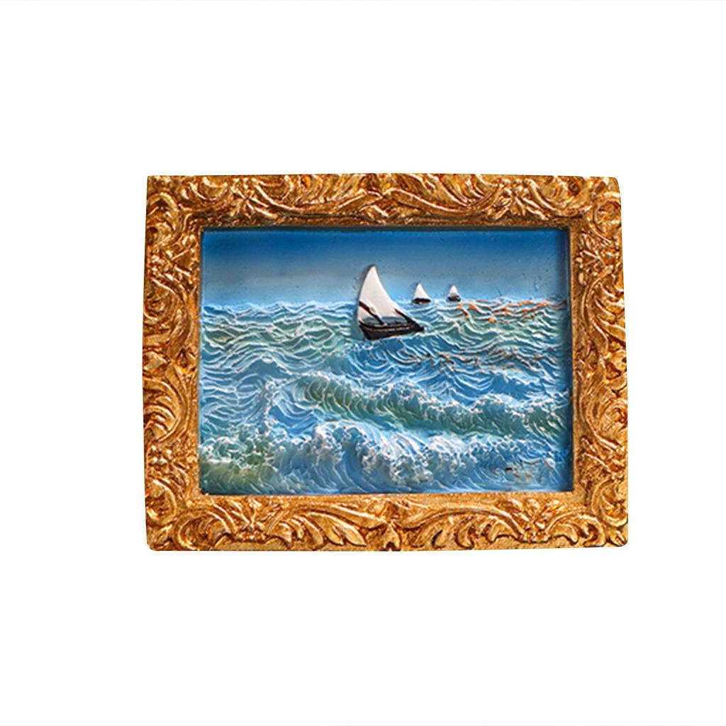 3D Oil Painting Fridge Magnets Set Of 6, Miniature /Flower/Seascape Sculptures With Gold Frames, Decorative Refrigerator Magnets For Kitch