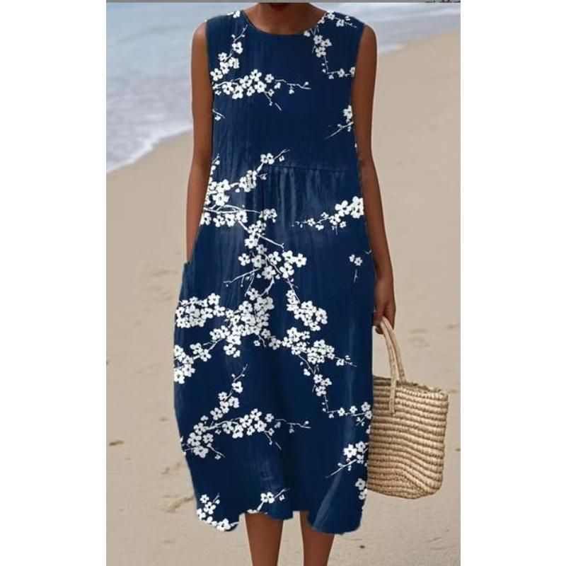 LYRIA 3D-Druck Rundhals Leichtes Kleid Ärmellos Sommer Strandkleid Lässig Mode A-Linien-Kleid Damen Elegante Blumenkleider