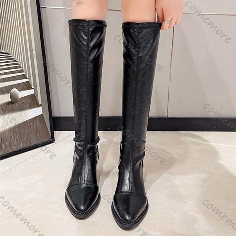 Fashion Comemore Black Thick Heels Knee High Boots for Women Autumn Winter Pu Leather Long Boots Woman Slip On Pointed Toe Botas Mujer