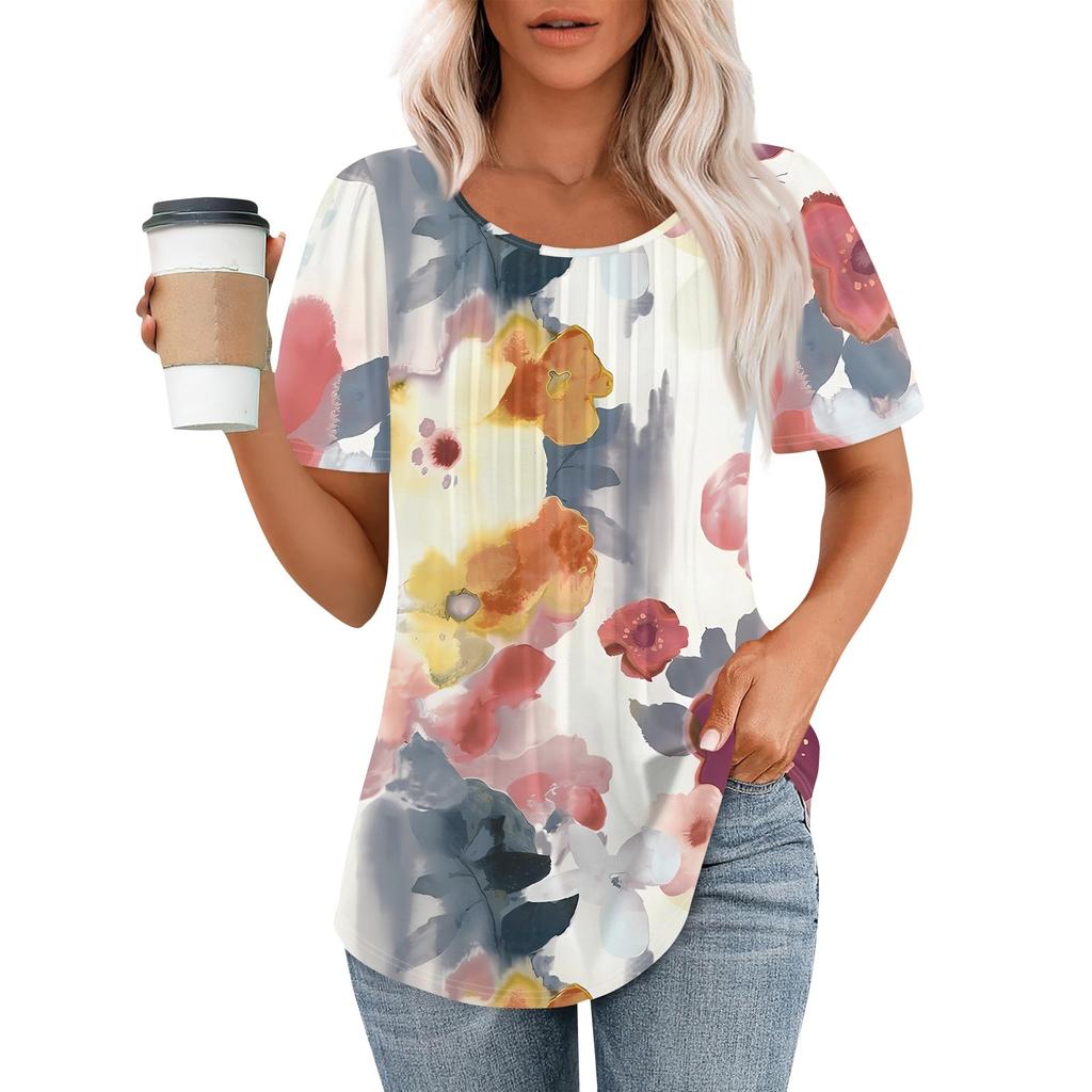 Damen Sommermode Lässig Plissee Rundhals Print Kurzarm T-Shirt Top