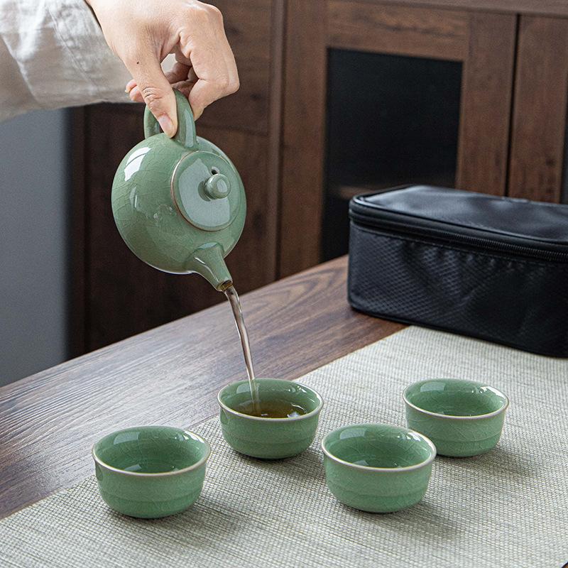 Ru Kiln Ge Kung Fu Tea Set Cloth Bag Portable One Pot Four Cups Ceramic Travel Tea Set Gift