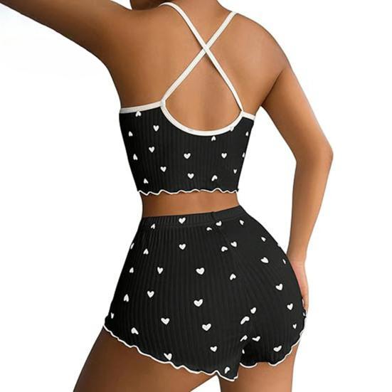 2 Pcs/Set Women Vest Shorts Suit Bow Heart Print Sleeveless Shirring Top High Waist Short Trousers Homewear Loungewear Outfit Summer Sleepwear