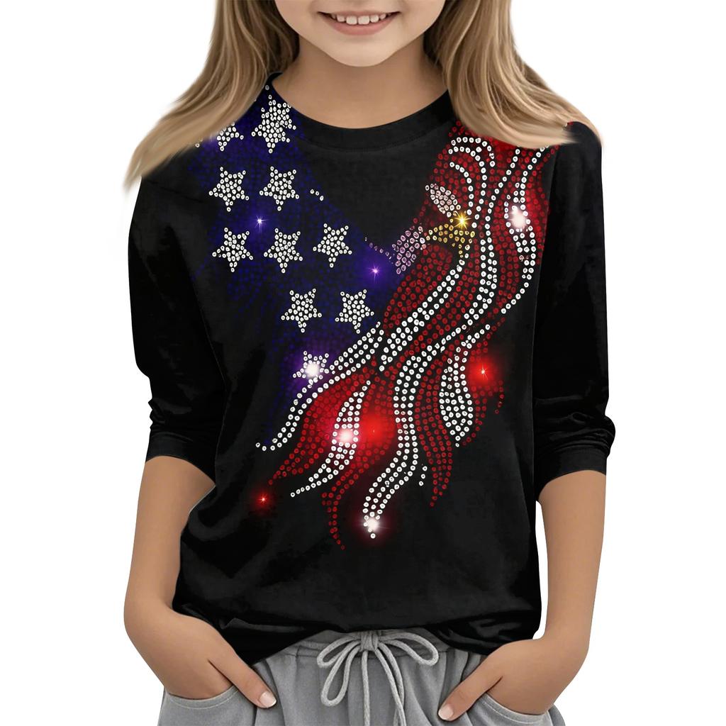 Children's Independence Day Printed Round Neck Seven Quarter Sleeve Casual T-shirt