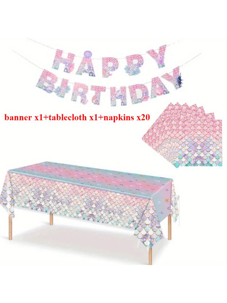 Mermaid Party Supplies Set with Plates Napkins Tablecloth Banner and Cupcake Toppers Perfect for Birthday Party Decorations