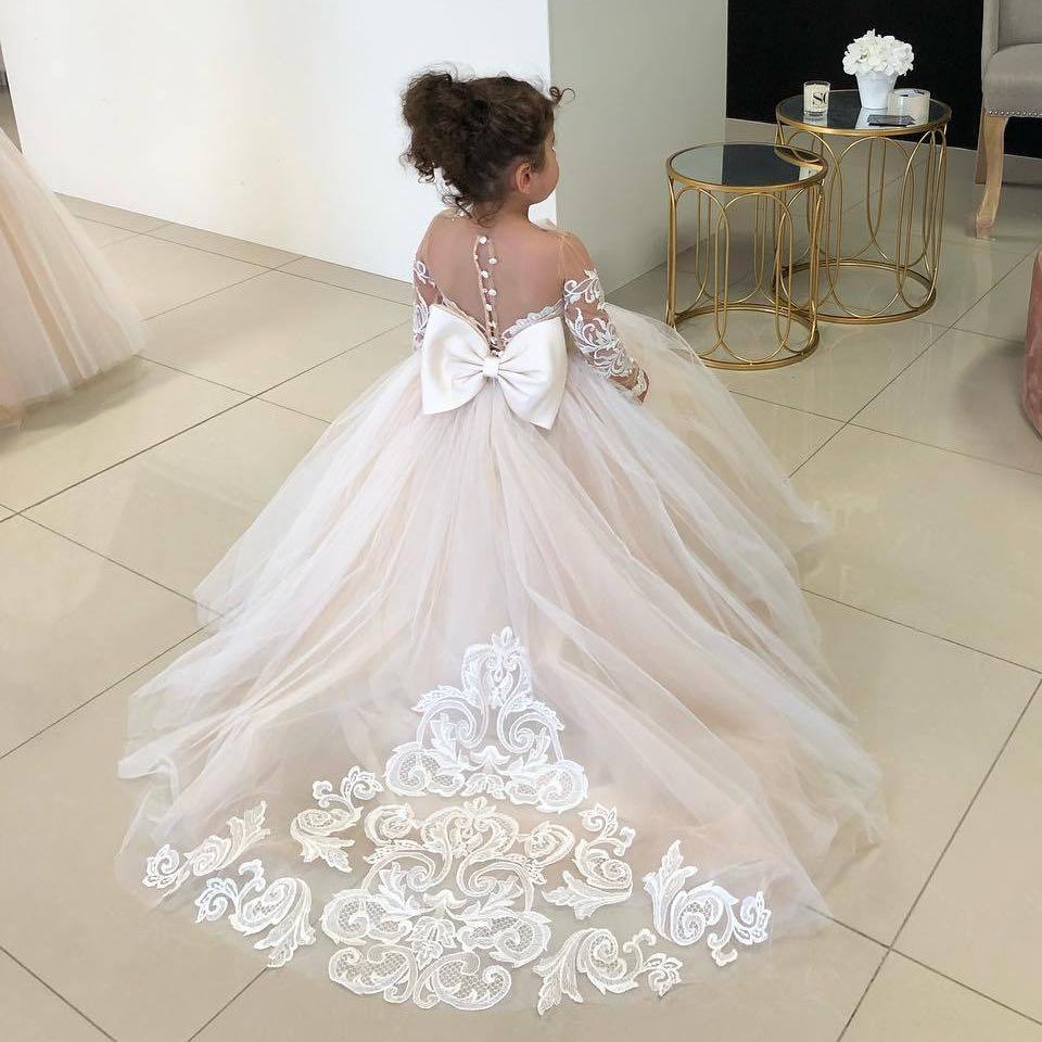 Long Sleeve Flower Girl Dresses Wedding Guest Kids Bridesmaid Bow White Ivory Lace Tulle First