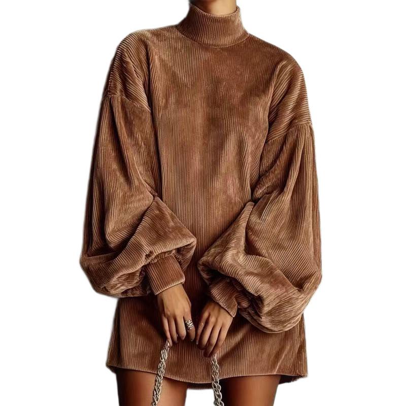 Temperament autumn clothing new loose lantern long-sleeved women's semi-turtleneck dress,