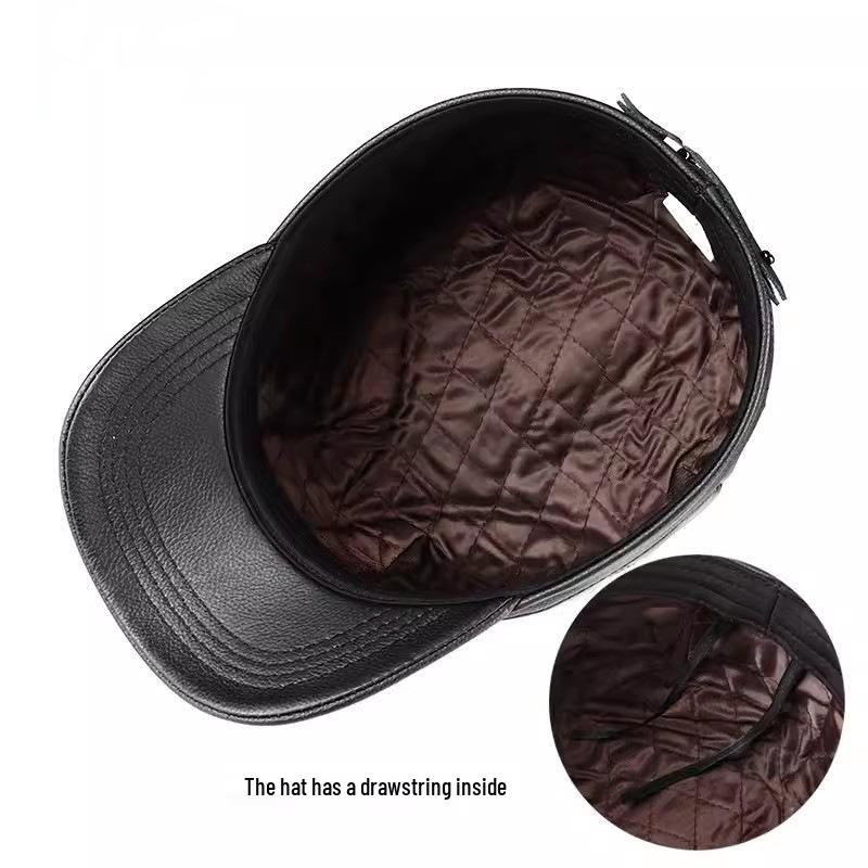 Men's Genuine Leather Flat Top Duckbill Cap - Autumn/Winter Casual Cowhide Hat for Middle-Aged and Older Adults