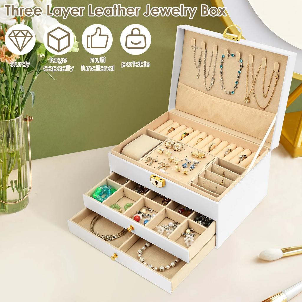 3 Layers Jewelry Box with 2 Drawers PU Leather Jewelry Storage Case Ideal for Necklace Bracelet Ring and Earring Organizer