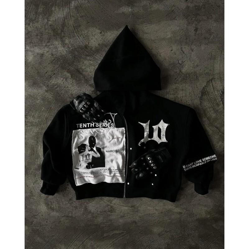 Mens Oversized Hooded Zip-Up Sweatshirt With Star Print Loose Fit Casual Long Sleeve Top