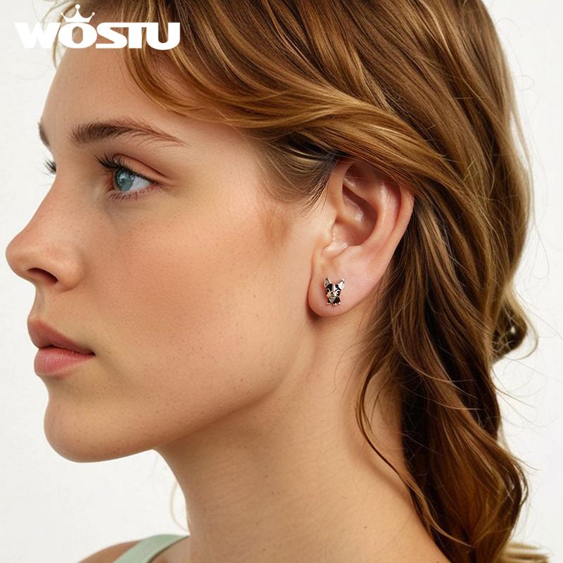 WOSTU 925 Sterling Silver Cute Pet Dog Earrings For Women French Bulldog Labrador Stud Earring Family Daugther Mom Jewelry Gift