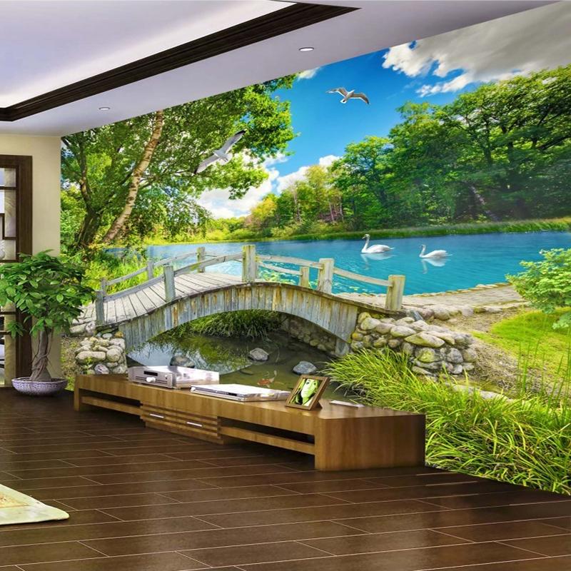 Wall Mural Wall Papers Home Decor Small Bridge Lake Water 3d Nature Landscape Photo Background Wall Painting Wallpaper