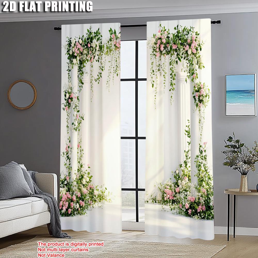 2pcs, Window Curtain 2D Print Flower & Rose Durable Polyester (without Rod) Thermal Insulation, and Room Darkening Functions Use