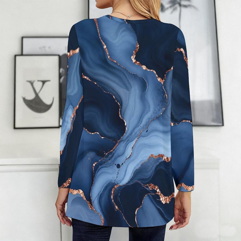 Women Plus Size Round Neck Long Sleeve Marble Printed Green Blue Gold Loose Tunic Top With Pockets