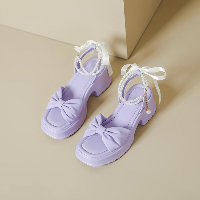 

Platform sandals women s spring and summer new pearl word with bow fashion single shoes fairy style thick heel open-toed women s shoes 40 лавандовый