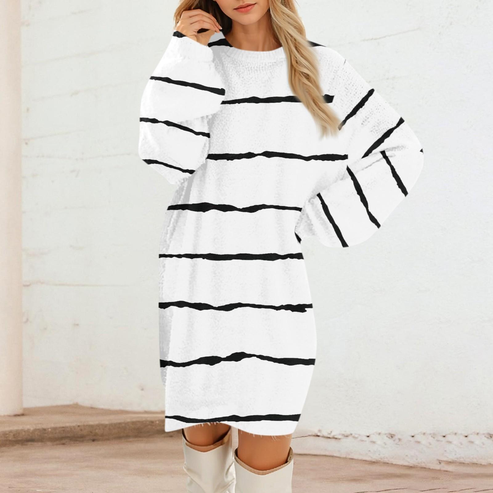 

Women s Round Neck Casual Long Sleeve Plush Gradient Stripe Dresses XL білий