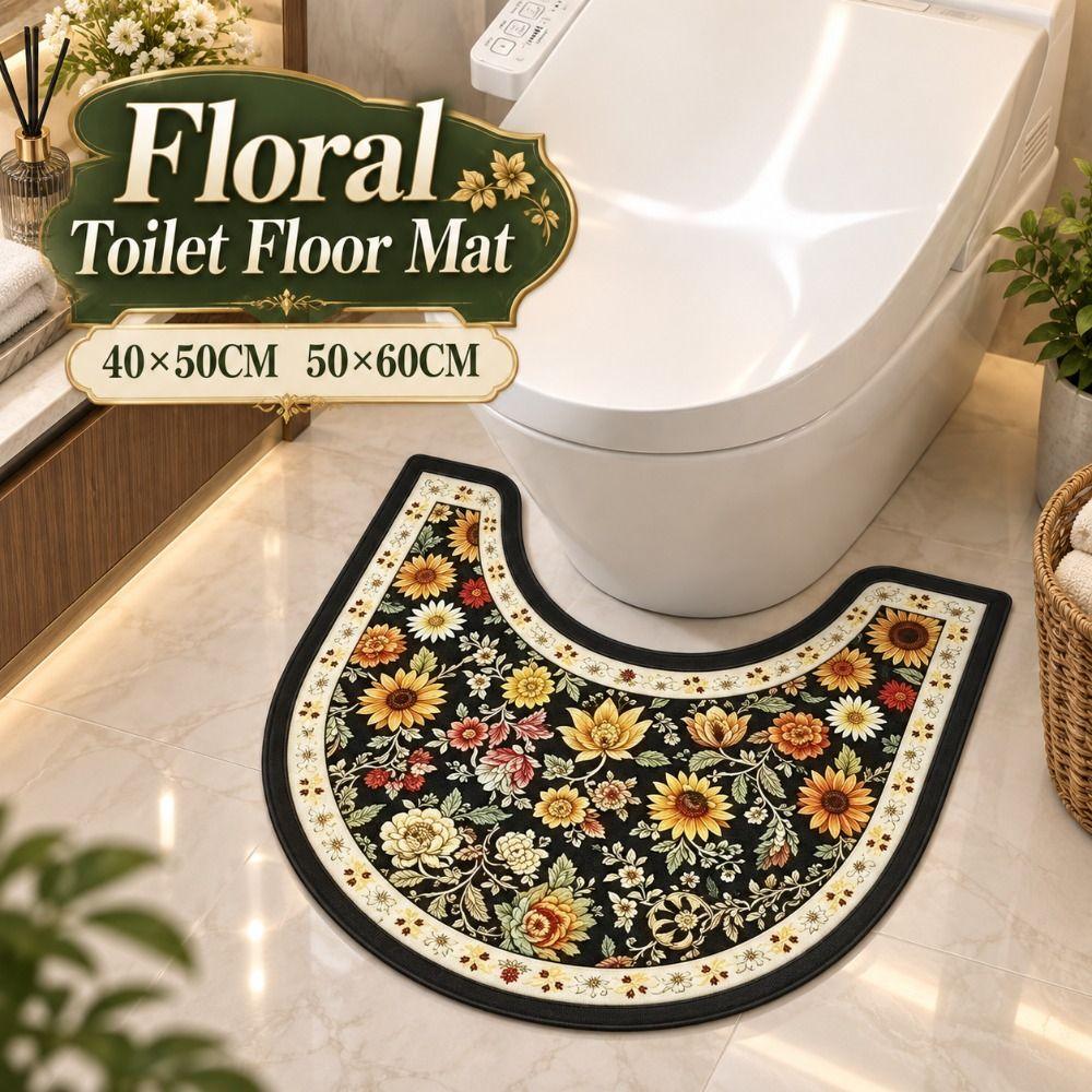 Floral Pattern Toilet U-shaped Mat Non-slip Bath Mat Retro Bathroom Floor Rug Household