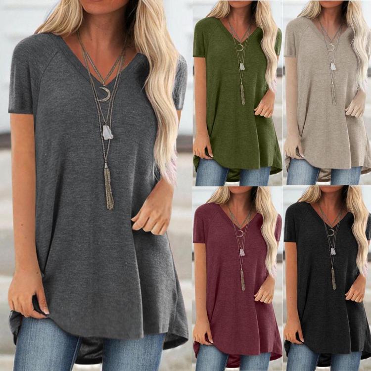 

Plus Size Women Fashion V Neck Long Tshirt Blouse Ramidos Print Short Sleeved S червоний