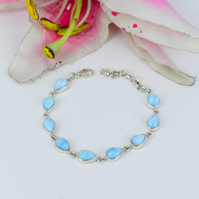 Solid 925 Sterling Silver Natural Larimar Gemstone Handmade Designer Boho Bracelet Gift For Her