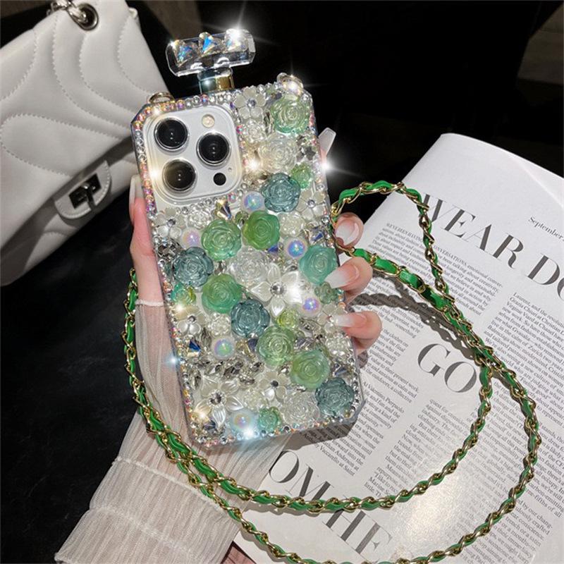 For Apple 16pro Perfume Bottle Phone Case Rhinestone Rose for IPhone17 Crossbody Full Diamond 14 Luxury