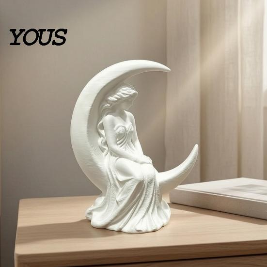 Small Desk Decor Moon Goddess Fairy Figurine, Matte White Sculpture, 3D Printed PLA Modern Home Decoration Winged Statue, Mystical Fantasy Ornament