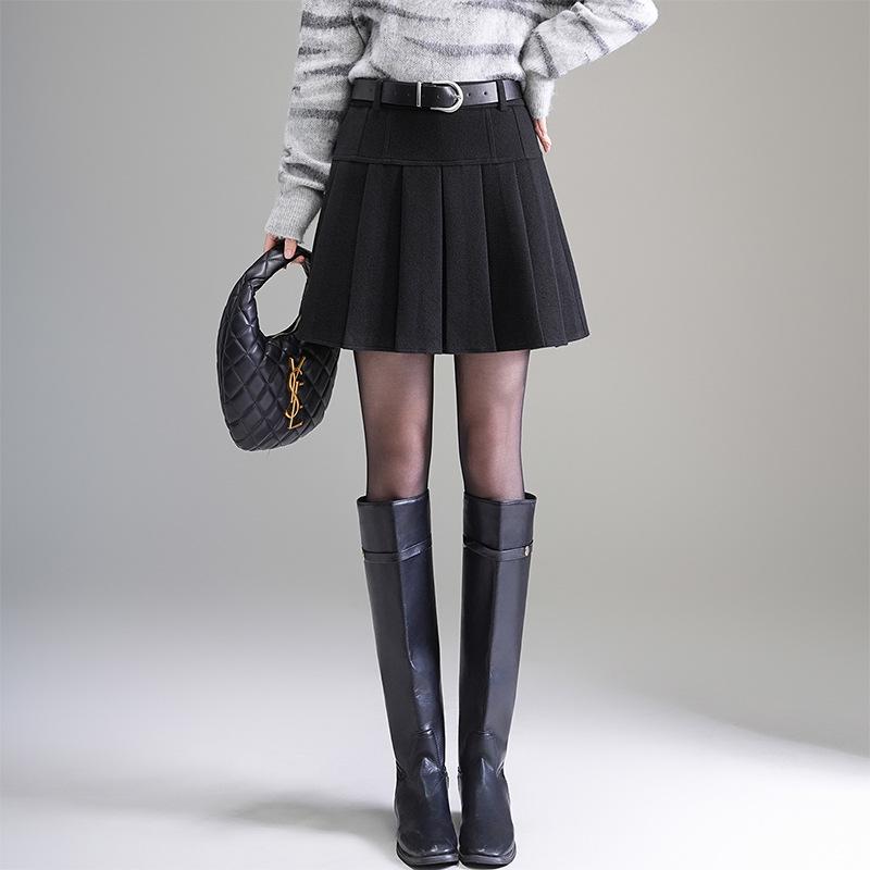 Women's 2025 Autumn/Winter High-Waisted Pleated Wool A-line Mini Skirt