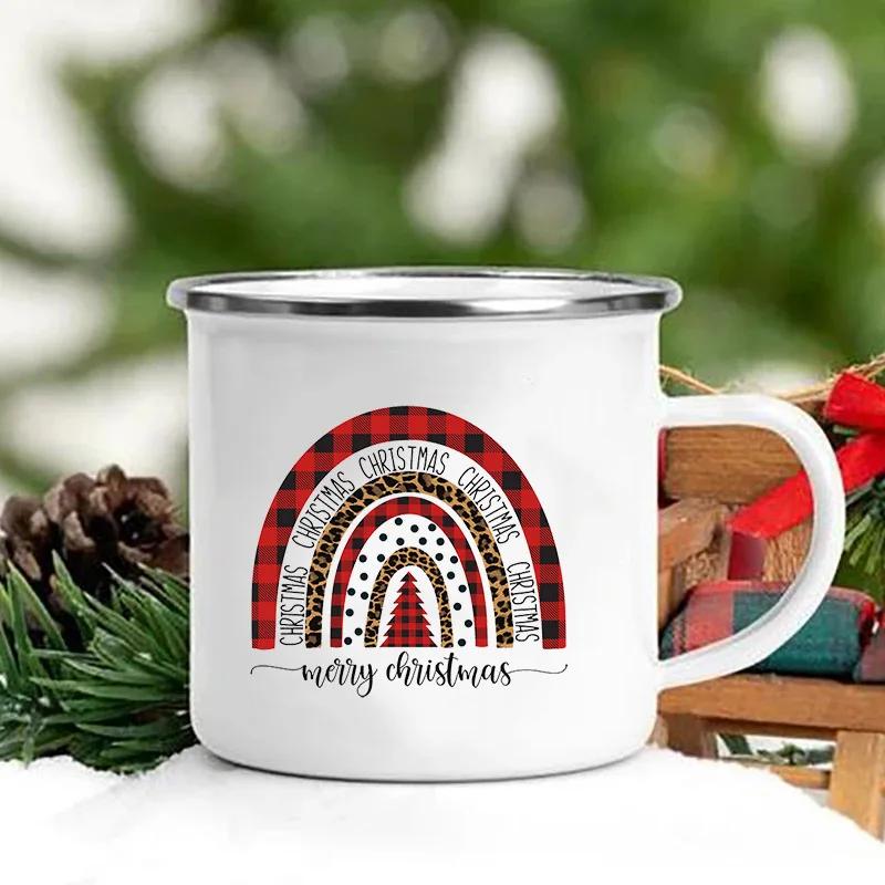 Merry Christmas Print Creative Enamel Coffee Tea Wine Drink Mug Dessert Hot Cocoa Milk Cup Cake Mugs Handle Drinkware Xmas Gifts